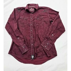 Wrangler Rock 47 Mens XL Western Snap Shirt Burgundy Acid Wash Cotton Shirt